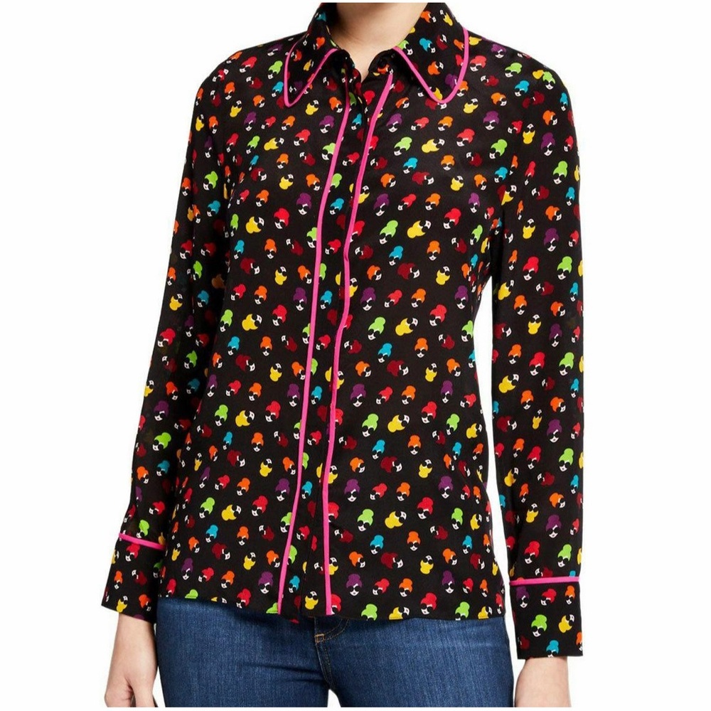 Alice + Olivia Alfie Stace Face Silk Blouse Top Black Dots Rainbow Piping S